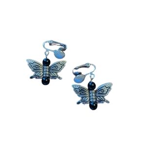 Adorable Silver Butterfly Clip-On Earrings with Black Beads